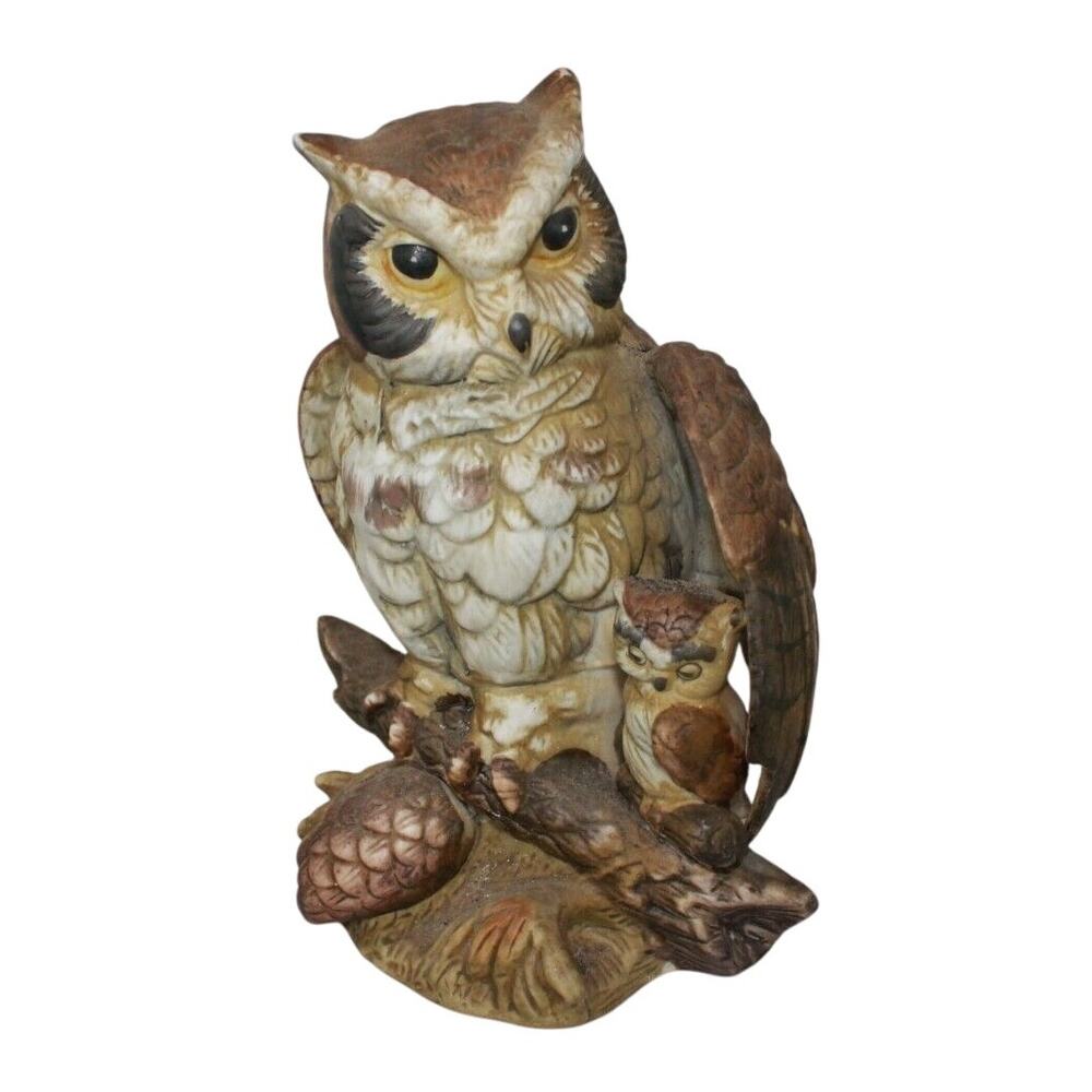 UCGC Vintage OWL 8” Bisque Porcelain Mother w/baby on log Figurine Taiwan